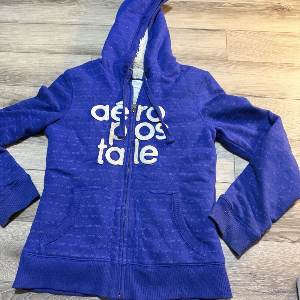 AEROPOSTALE  Faux Fur Lined Zip Up Y2K Hoodie Jacket L Modern Fit‎ as S Blue